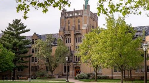 Outside view of school with trees around it