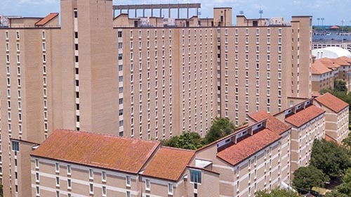 View from above of large building which looks to be apartments
