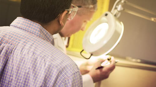 people examining something through lab magnifying light